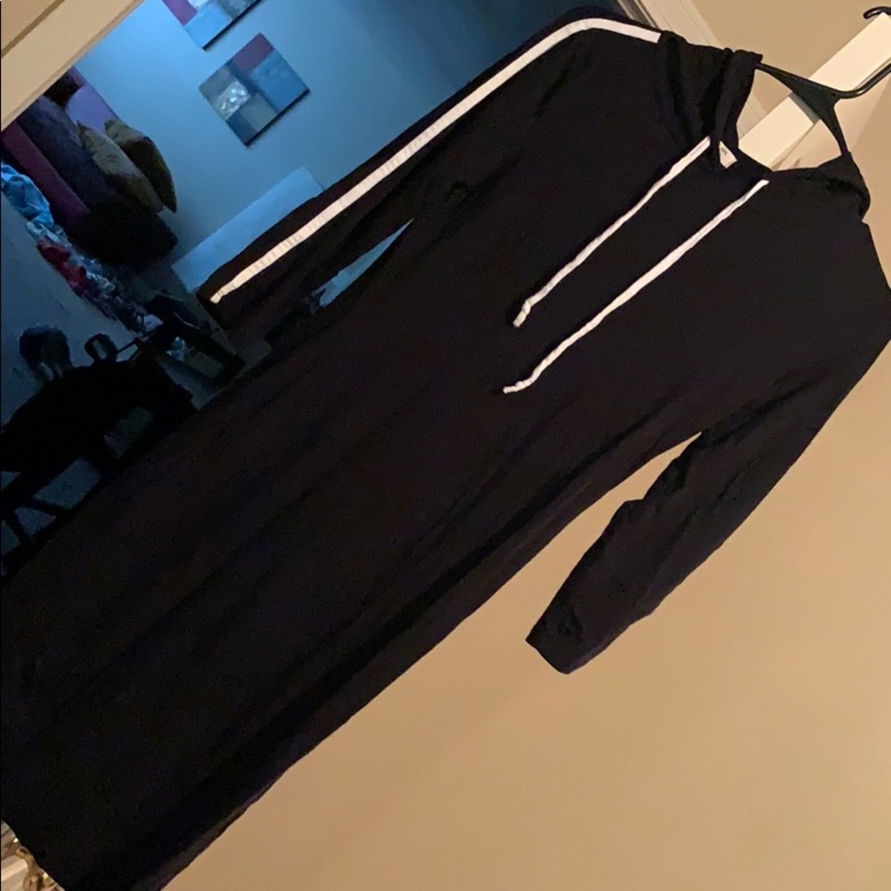 Hooded black dress with arm stripes